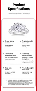 Detailed specifications for a 925 sterling silver moissanite three-stone ring