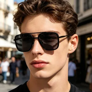 Detailed view of men's retro square sunglasses featuring black frames and dark lenses.