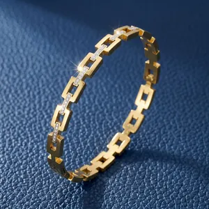 Stainless Steel Bangle Bracelet For Women Rectangular Link Geometric Cubic Zirconia Pavé High Polished Trendy Jewelry