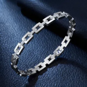 Stainless Steel Rectangular Link Bracelet For Women Inlaid Cubic Zirconia Geometric Chain Bangle Jewelry