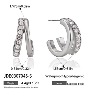 Detailed specs of stainless steel zircon earrings showing dimensions and hypoallergenic features.