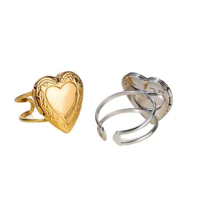 Elegant heart shaped locket adjustable rings in 18k gold plated and silver stainless steel