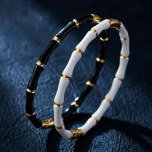 Bamboo Joint Bangle Bracelet Stainless Steel Enamel Waterproof Non Fading Gold Plated Trendy Fashion Jewelry For Women