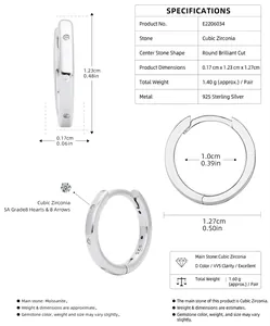 Detailed specifications of S925 sterling silver hoop earrings with cubic zirconia.