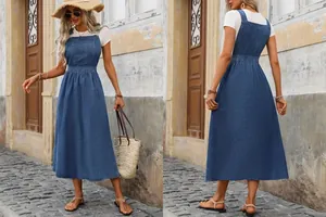 Front and back detail views of a casual blue denim pinafore dress with front pocket.