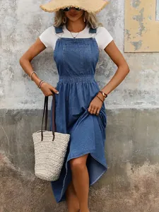 Women Plus Size Denim Pinafore Dress Casual Academy Style Washed Blue Midi Dress With Large Pocket Sleeveless Overall Dress