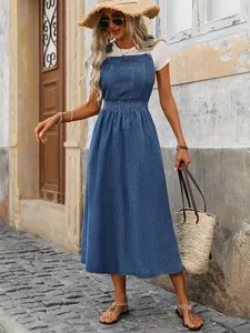 Women's casual European style blue denim pinafore dress with front pocket and A-line skirt