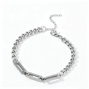 Minimalist Stainless Steel Spliced Cuban Chain Bracelet For Women Men Niche Design Geometric Rectangle Link Hip Hop Jewelry