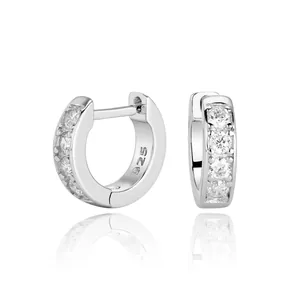 Elegant S925 sterling silver huggie hoop earrings set with shimmering cubic zirconia stones