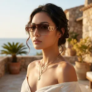 Oversized Rimless Square Sunglasses Metal Heart Hollow Temple UV400 Fashion Tinted Lens Eyewear For Women