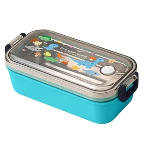 Blue 304 stainless steel kids bento box with cute dinosaur patterns