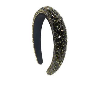 Luxury Baroque black rhinestone sponge headband with gold settings for women's hair accessory