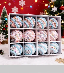 Detailed macro shot of macaron foam Christmas balls in a white grid box