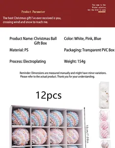 Comprehensive view of 12pcs macaron Christmas ball ornaments showing dimensions and colors