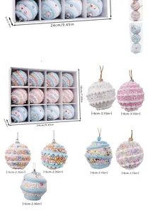 Detailed view of macaron foam Christmas balls showing various sizes and 12-pack box