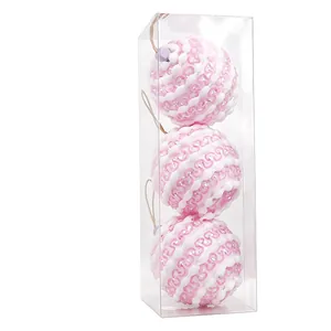 Set of 3 macaron pink foam Christmas ball ornaments for tree decoration in clear box