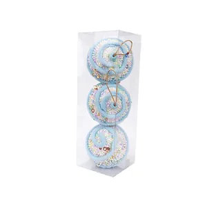 Set of three macaron blue foam Christmas ball ornaments in clear plastic gift box packaging