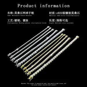 Detailed specifications for S925 sterling silver moissanite tennis bracelets in gold and silver.