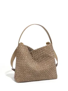 Elegant retro taupe brown woven leather tote bag with large capacity for women