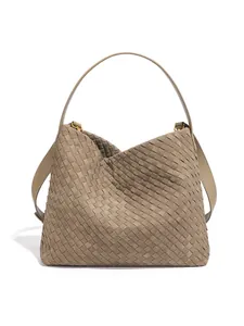 Vintage frosted woven leather hobo tote bag with large capacity for women