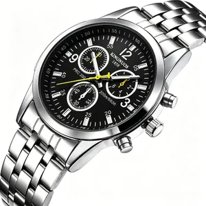 Elegant Kingnuos men's chronograph watch with silver stainless steel band and black dial