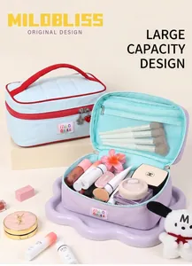 Detailed interior view of macaron color contrast large capacity travel makeup bag storage