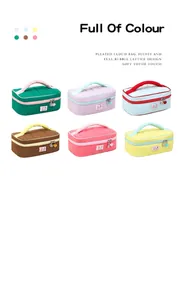 Detail view of macaron color-block quilted makeup bags in various vibrant colors