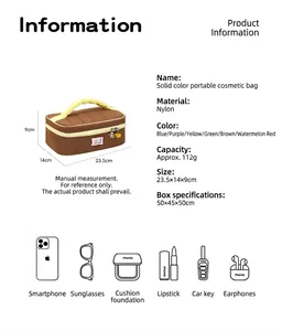 Detailed specifications and capacity chart for the large travel nylon makeup bag