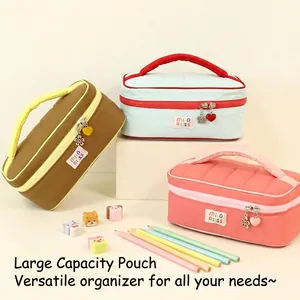 High-capacity pastel colorblock cosmetic bag with portable handle and cute heart charms
