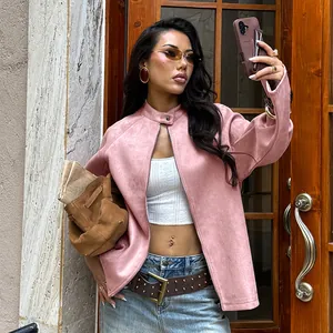 Rosa Langarmjacke für Damen aus Wildlederimitat mit Stehkragen und Reißverschluss