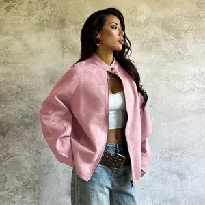Lässige rosa Langarmjacke aus Wildlederimitat für die Herbst- und Wintermode von Damen