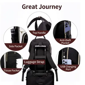 Detailed view of travel backpack features including USB port and luggage strap