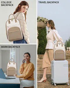 Versatile women's beige backpack shown in school, travel, and work scenarios