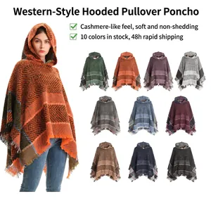 Women Hooded Poncho Cape Polyester Knitted Herringbone Pattern Retro Tassel Wrap Autumn Winter Warm Shawl Outerwear