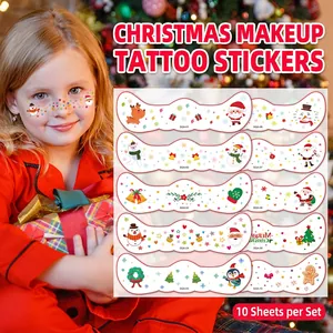 Detailed display of 10 cute Christmas cartoon temporary face tattoo sticker designs.