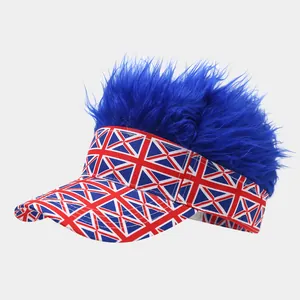 Adjustable sun visor hat with a spiky blue wig and British Union Jack flag print