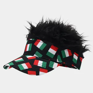 Detailed view of novelty visor hat with Italian flag pattern and black wig hair