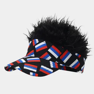 Detailed view of novelty visor featuring black faux hair wig and Russian flag patterns