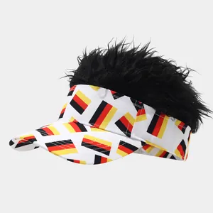 Fun sun visor hat featuring a black wig and German flag pattern for sports events