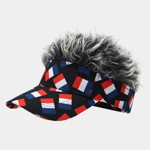 Funny sun visor hat with grey synthetic wig hair and French flag pattern for costume parties