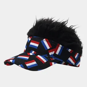 Detailed side view of a creative visor hat with black wig hair and flag patterns