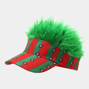 Detail view of a visor cap with vibrant green wig hair and red-green striped pattern.