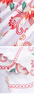 Close-up detail of embroidered lace tablecloth with red and gold patterns on white fabric