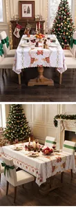 White Christmas tablecloth with red poinsettia embroidery in a festive dining room