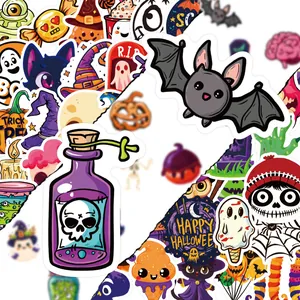 Collection of 50 cartoon Halloween stickers with cute bats, ghosts, and pumpkins for DIY