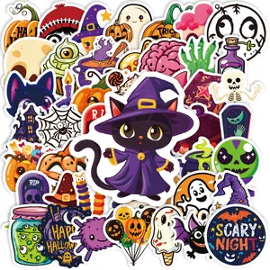 50pcs cute cartoon Halloween stickers with black cat, ghost, and pumpkin designs