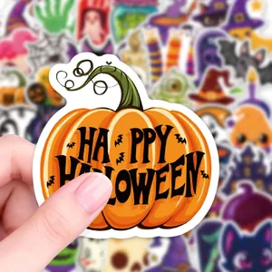 Pack of 50 colorful Halloween stickers featuring a Happy Halloween pumpkin design for DIY