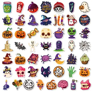 Collection of 50 cute Halloween cartoon stickers with ghosts and pumpkins