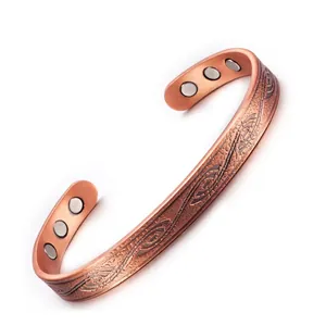 Red Copper Magnetic Therapy Bracelet Adjustable Open Cuff Engraved Texture Vintage Healing Jewelry Gift Accessory
