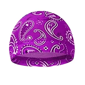 Detailed view of purple men's paisley printed cycling cap with high elasticity